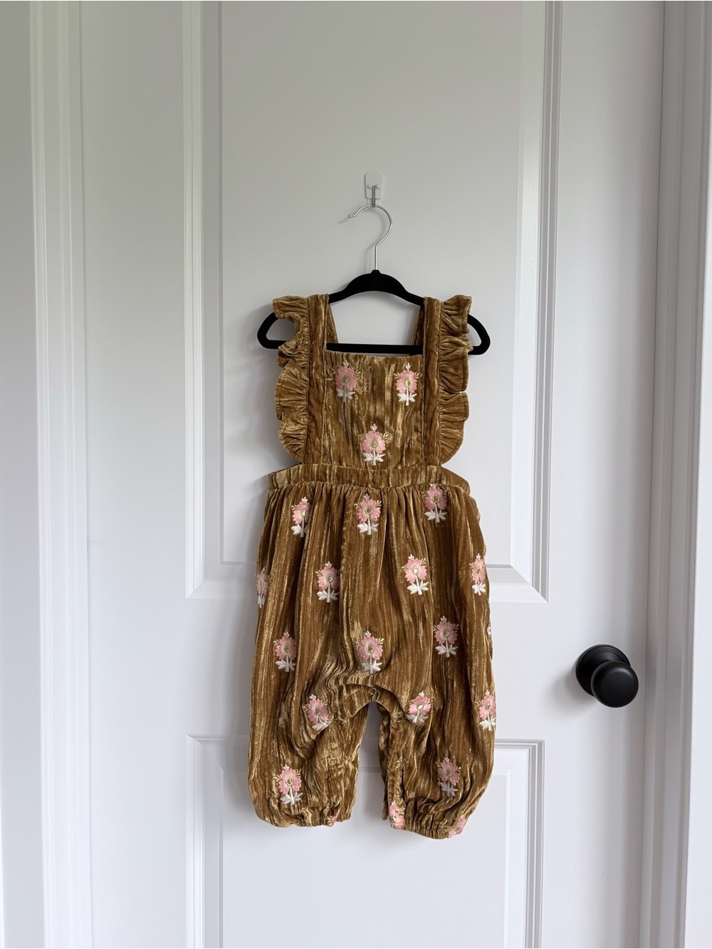 Louise Misha Elva Velour Overalls in Honey with Pink Embroidered Flowers